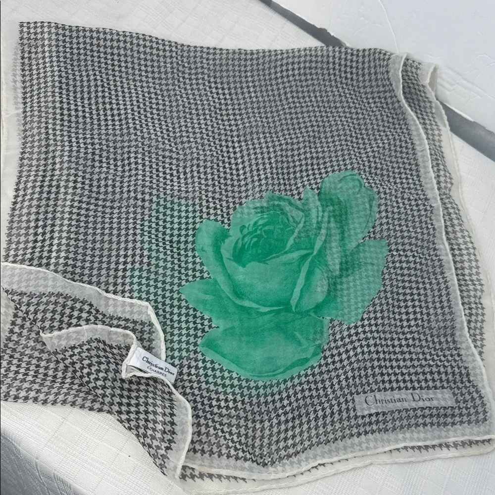 Vintage Christian Dior Houndstooth Scarf /wrap with Green Rose